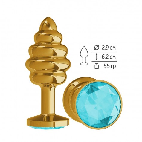 Золотистая пробка с рёбрышками и голубым кристаллом - 7 см.